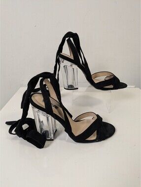 Qupid Black Suede Lace-Up Ankle Tie Clear Lucite Block Heels – Size 8